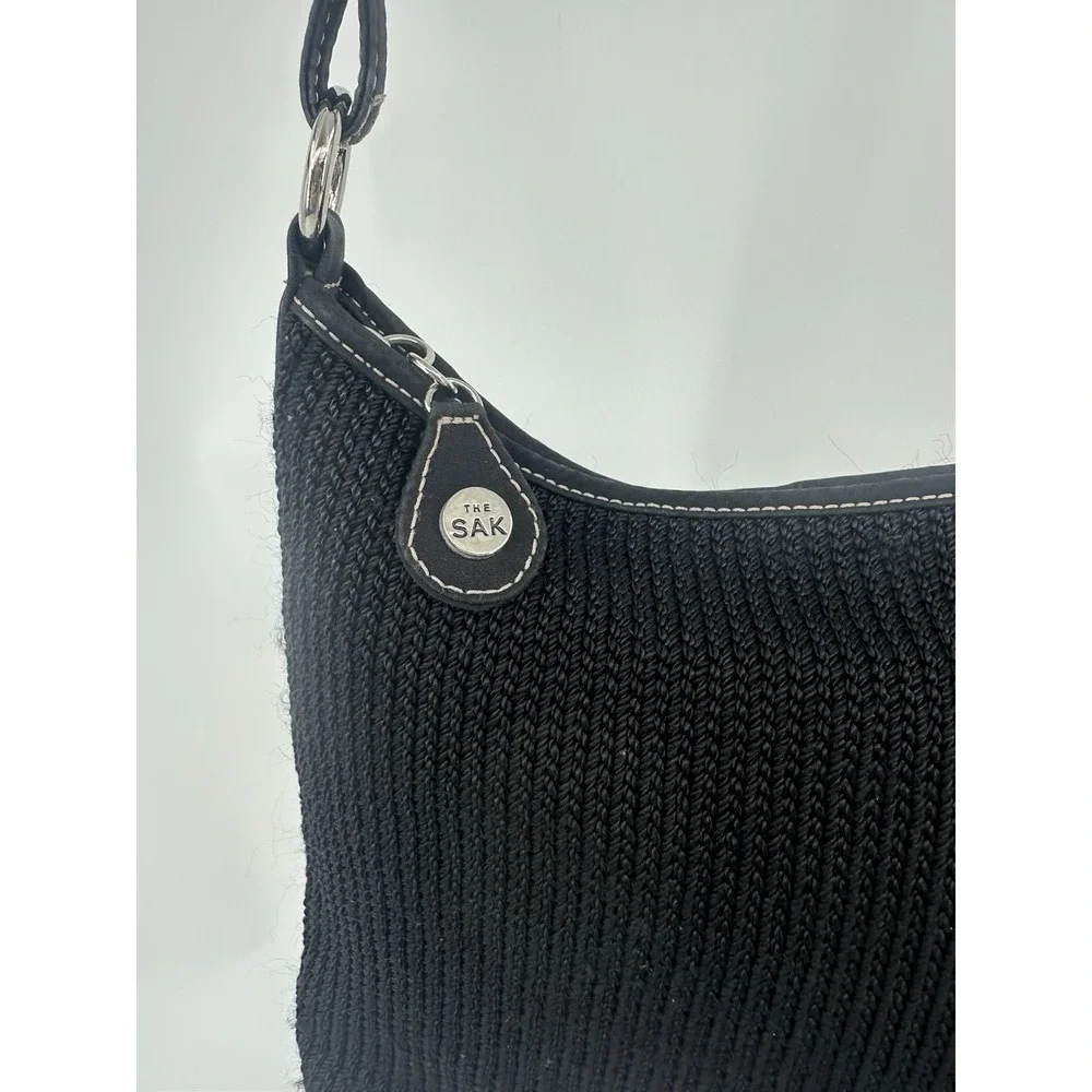 The Sak Handbag Purse Black‎ Woven Medium Adjustable Strap Logo Lined Shoulder